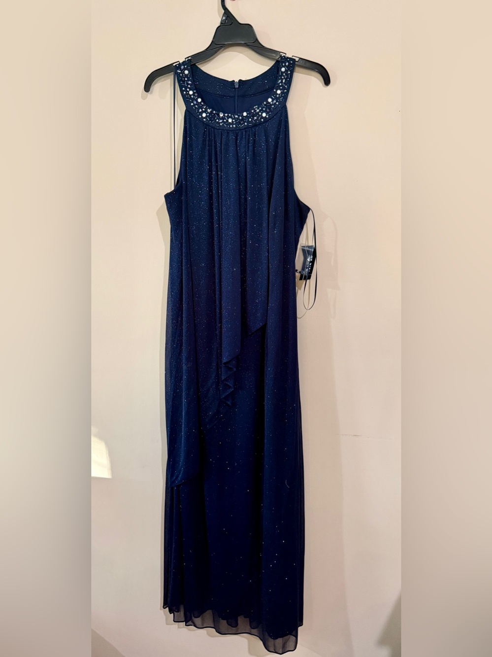 SLNY Navy Beaded Halter Maxi Dress NWT